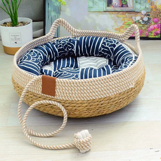 Boho Cottagecore Cat Bed | Handwoven Rattan Nest Cozy, Washable & Scratch-Resistant