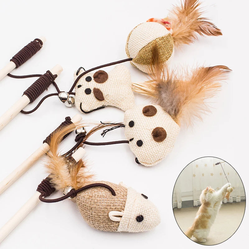 Handcrafted Boho Cat Wand – Interactive Feather Toy with Woodland Creatures