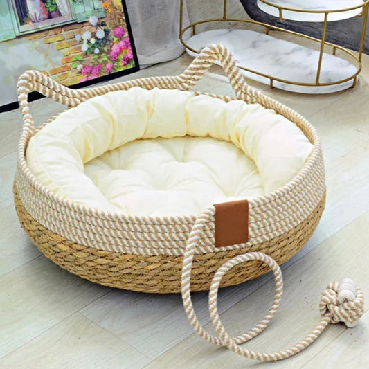 Boho Cottagecore Cat Bed | Handwoven Rattan Nest Cozy, Washable & Scratch-Resistant