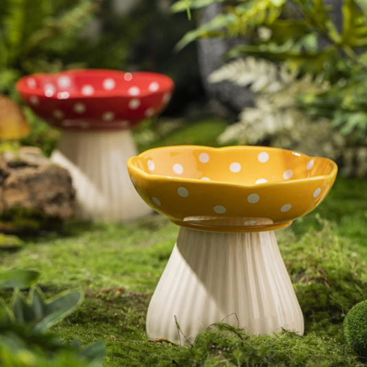 Mushroom Grove Ceramic Cat Bowl – Boho Elevated Dish for Cats